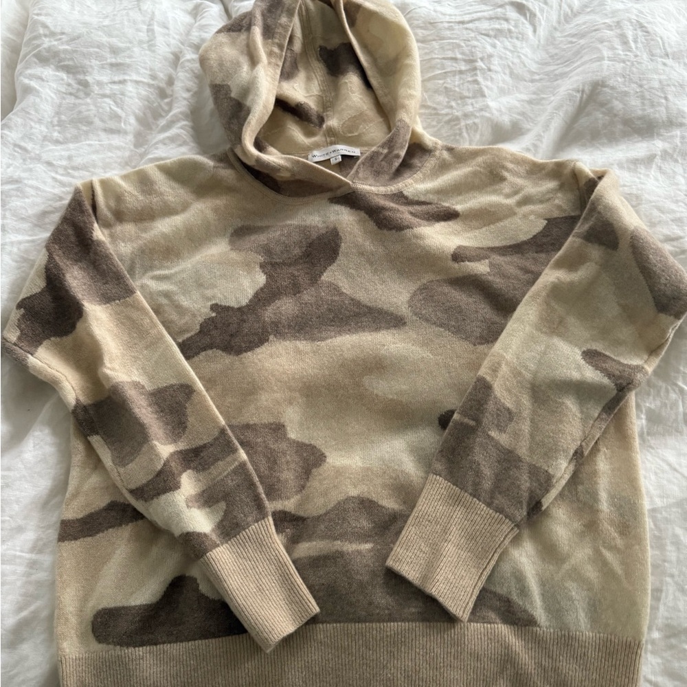White + Warren Tan and Brown Camouflage Hoodie 100% cashmere